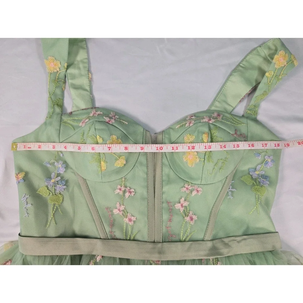 Sage Green Embroidered Floral Tulle Corset Homecoming Dress Size 16 Fairycore